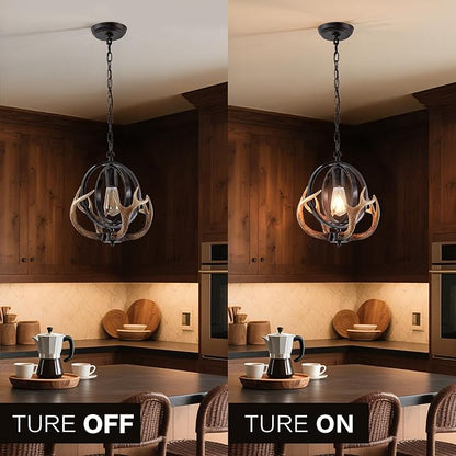 Antler Globe Chandelier, 11.8" Rustic Metal Cage Pendant Light with Resin Antlers, Industrial Farmhouse Hanging Ceiling Light Fixture for Kitchen Island, Dining Room, Entryway, E26 Base, Brown