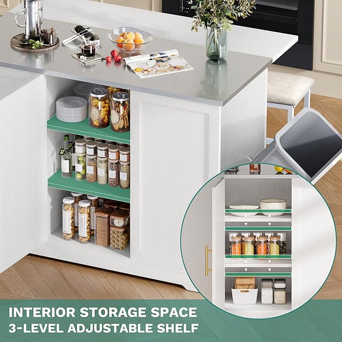 YITAHOME Kitchen Islands with Seating, 47" Mobile Storage Island with Trash Can, Rolling Kitchen Island Cart with Drop Leaf & Stainless Steel Countertop, Bar Table with 2 Stools, Spice Rack, White