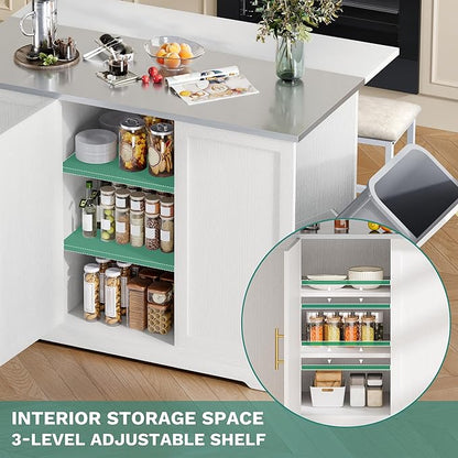 YITAHOME Kitchen Islands with Seating, 47" Mobile Storage Island with Trash Can, Rolling Kitchen Island Cart with Drop Leaf & Stainless Steel Countertop, Bar Table with 2 Stools, Spice Rack, White