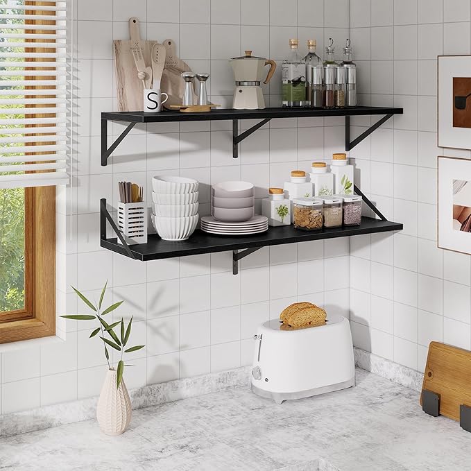 Acovy Floating Shelves for Wall,40" Wall Mounted Shelves Set of 2,Long Wood Floating Shelves,Hanging Wide Display & Storage Shelf with Metal Brackets for Bathroom,Bedroom,Kitchen,Living Room,Black