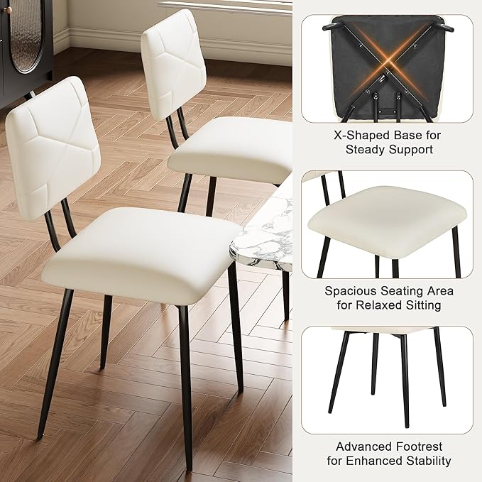 VECELO Dining Chairs Set of 4, Modern Upholstered Kitchen Chairs with Faux Leather Cushion Seat & Metal Legs for Kitchen, Living Room, Tufted Backrest Design, Beige