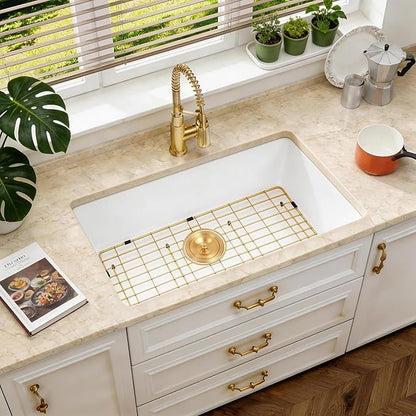 Kitsitchen White Undermount Kitchen Sink, Granite Composite Kitchen Sink with Drain Assembly & Bottom Gird, 30 Inch Quartz Stone Kitchen Sink (White, 30"x18")
