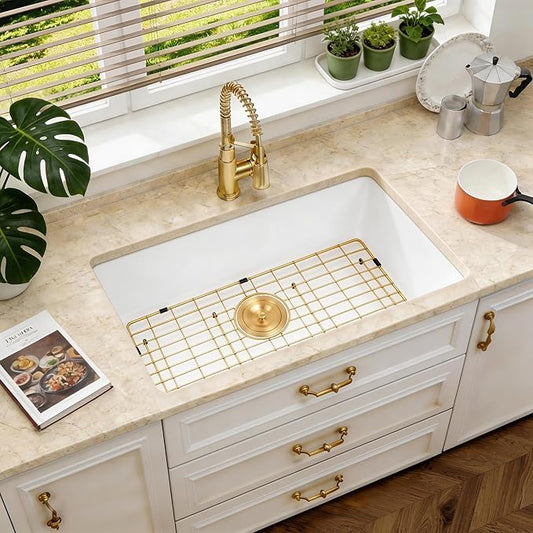 Kitsitchen White Undermount Kitchen Sink, Granite Composite Kitchen Sink with Drain Assembly & Bottom Gird, 30 Inch Quartz Stone Kitchen Sink (White, 30"x18")