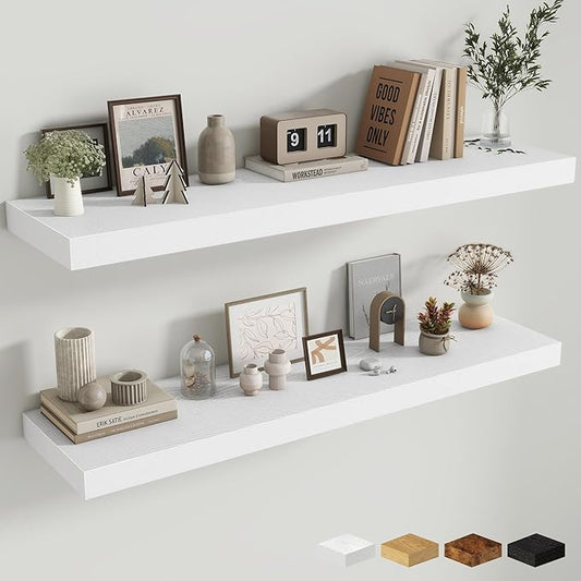 Fun Memories 48 Inch Floating Shelves for Wall - 12 Inch Deep Fireplace Mantel Shelf - Wood Floating Shelf for Wall - Large Storage Shelves Wall Mount for Living Room & Bedroom - White - Set of 2