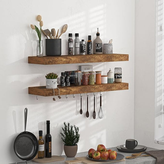 Floating Shelves - 2 Pack 9 Inch Rustic Wooden Wall Shelves - Extra Deeper & Thicker Wall Mounted Storage Shelf for Living Room, Kitchen, Farmhouse - 24" W x 9" D x 1.6" H - Rustic Brown