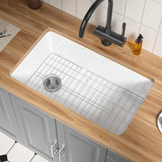 Offset Drain White Fireclay Undermount Kitchen Sink 32 Inch, Large Topmount White Undermount Sink 32''x19''x10'' Drop In, Deep Single Bowl Heavy Duty, Dual Mount, for Kitchen, Island