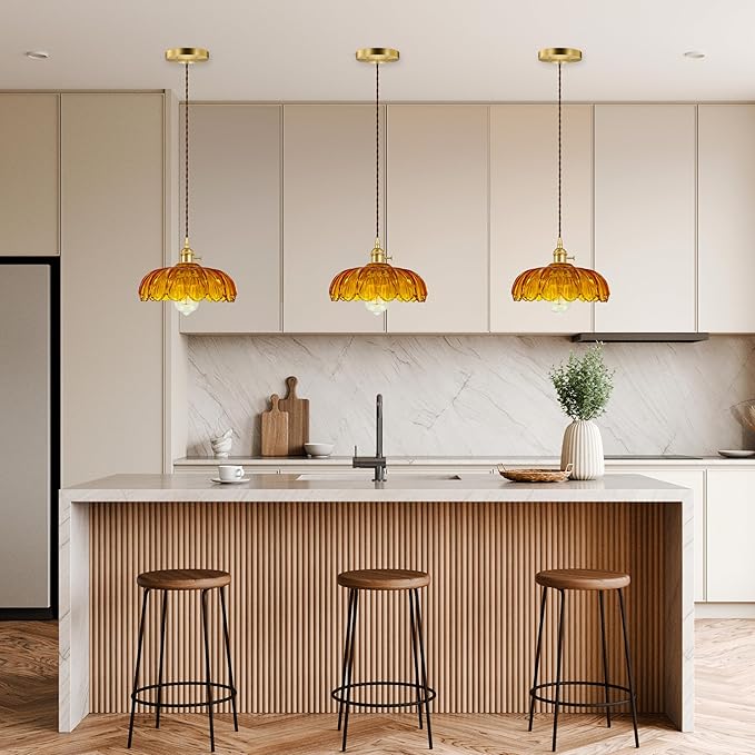 Pendant Light Fixture, Hanging Light Fixture, Glass Shade Pendant Light with Rotary Switch, Modern Lamp for Kitchen Island, Bedroom, Dining Room, Living Room (Orange Lotus, Hard-Wired)