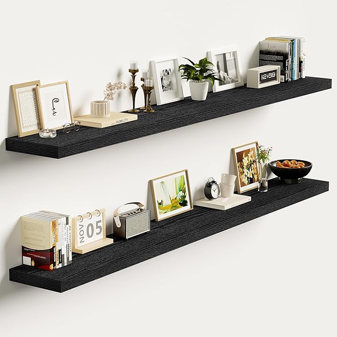 Vivelove 55 Inch Floating Shelves, Deep Wall Shelves with Invisible Brackets, Display Shlf for Bathroom Living Room Kitchen Bedroom Office Farmhouse Home Decor, 55" X 9.3" X 1.5" - Set of 2, Black