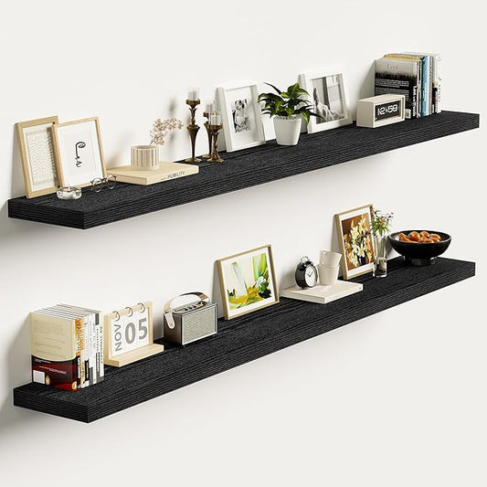 Vivelove 55 Inch Floating Shelves, Deep Wall Shelves with Invisible Brackets, Display Shlf for Bathroom Living Room Kitchen Bedroom Office Farmhouse Home Decor, 55" X 9.3" X 1.5" - Set of 2, Black