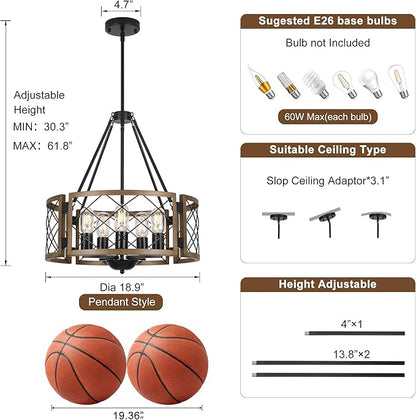 Sigaitwei 5-Light Farmhouse Chandelier Brown Rustic Chandelier for Dining Room Wood Texture Adjustable Pendant Light,Drum Chandelier for Kitchen Island Entryway Bedroom Hallway,18.9'',E26.