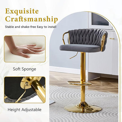 Velvet Bar Stools Set of 2, Woven Height Adjustable Swivel Barstools, Hydraulic Kitchen Counter Height Bar Chairs with Armrest and Back for Kitchen, Dining Room