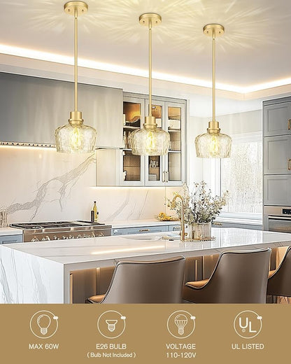 Emak Gold Pendant Lights Kitchen Island, 8 Inch Hammered Glass Pendant Light Fixtures, Modern Hanging Lights for Kitchen,Dining Room, Bathroom, PL122-GD-HG