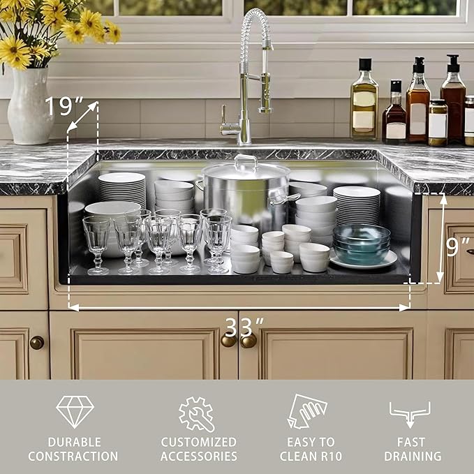 33 Inch Undermount Kitchen Sink, NANO-PVD 304 Stainless Steel Kitchen Sinks, 16 Gauge Deep Single Bowl Workstation Sink with Ledge & Accessories, 33"x19"x9" Deep and Large Basin