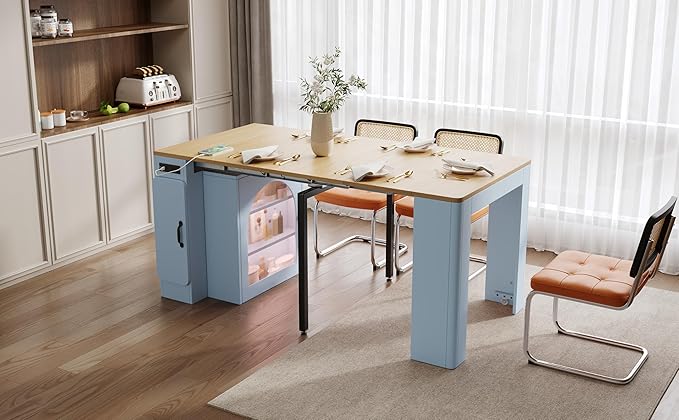 LifeSky Extendable Dining Table with Storage: Expandable Mobile Kitchen Island Table with Power Outlet & LED Light for Small Apartments - Modern Folding Cabinet Table for Dining Room & Living Room (Gr