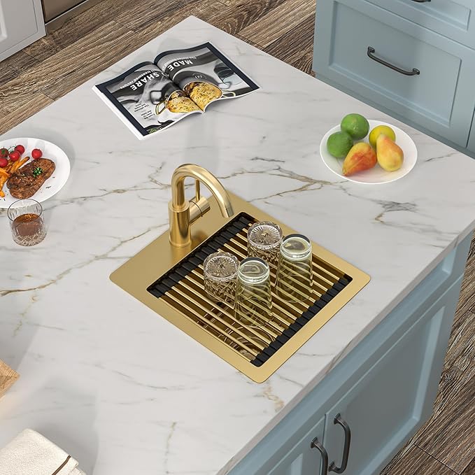 13"x15" Drop In Bar Prep Sink Workstation – Brushed Gold NANO-PVD, 16 Gauge 304 Stainless Steel, Single Bowl Top Mount Wet Bar RV Outdoor Kitchen Sink with Faucet