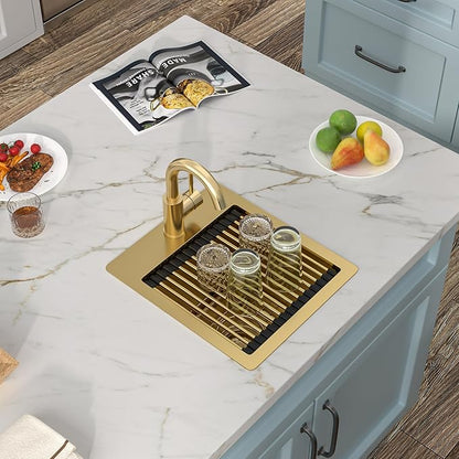 13"x15" Drop In Bar Prep Sink Workstation – Brushed Gold NANO-PVD, 16 Gauge 304 Stainless Steel, Single Bowl Top Mount Wet Bar RV Outdoor Kitchen Sink with Faucet