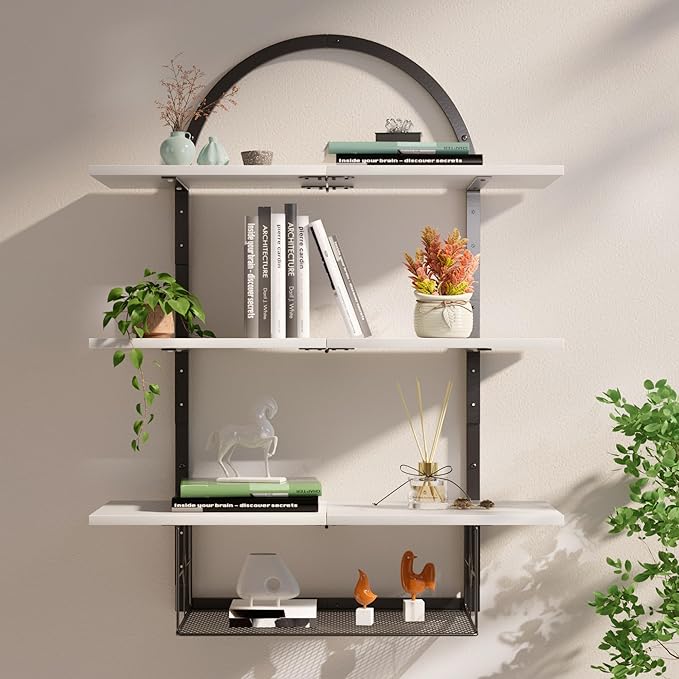 XLHOMO Floating Shelf for Wall- 31.5"x 24" 3+1 Tier White Bathroom Floating Shelves with Basket for Bathroom, Living Room,Bedroom and Kitchen