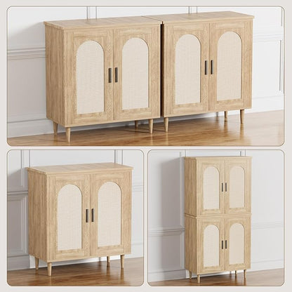 GarveeHome Sideboard Buffet Kitchen Storage Cabinet with Rattan, Solid Wood Feet for Living Room, Hallway, Entryway, Cabinet with Ample Storage Space(1PCS)