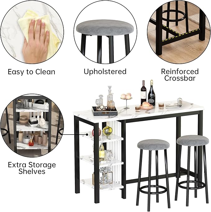 Lamerge Kitchen Furniture Bar Height Table and Chairs for 2 People, 4-Tier Compact Dining Room Table, White Faux Marble Top and 2 Grey Velvet Upholstered Seat, Modern Dining Set for Home/Studio/Office