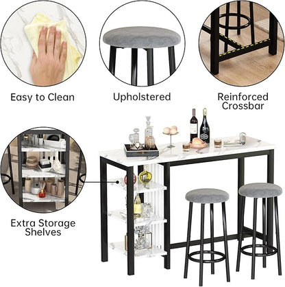 Lamerge Kitchen Furniture Bar Height Table and Chairs for 2 People, 4-Tier Compact Dining Room Table, White Faux Marble Top and 2 Grey Velvet Upholstered Seat, Modern Dining Set for Home/Studio/Office
