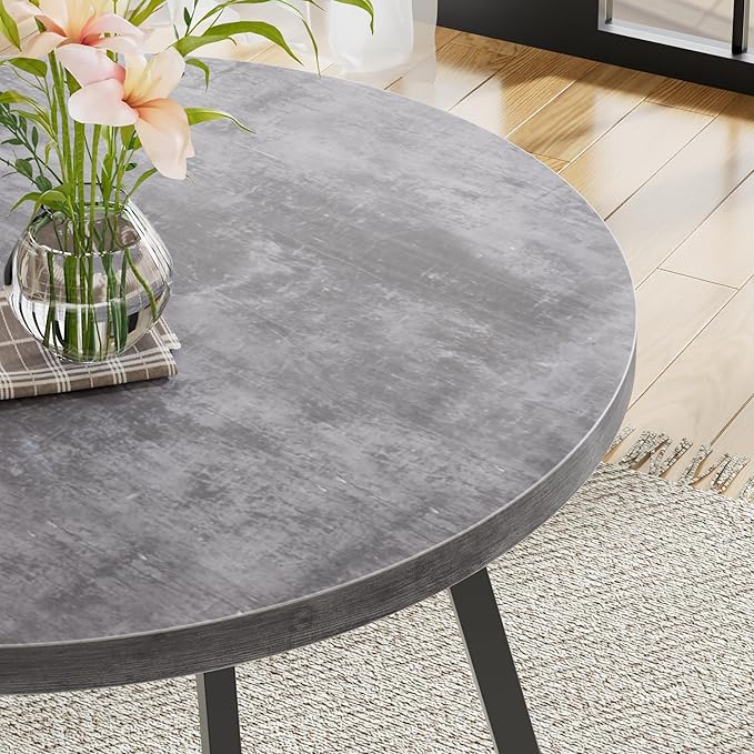 VECELO 35" Round Dining Table for 4, Wood-Grain Tabletop & Heavy-Duty Steel Frame, for Kitchen, Living Room, Easy Assembly, Dark Grey