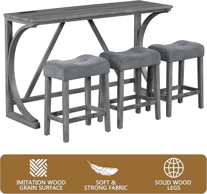 Betoko Counter Height Table and Chairs Set, Breakfast Nook Bar Table with Outlet and Chairs, Dining Room Bar Table and Chairs for Kitchen, Grey