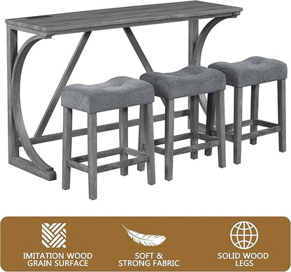 Betoko Counter Height Table and Chairs Set, Breakfast Nook Bar Table with Outlet and Chairs, Dining Room Bar Table and Chairs for Kitchen, Grey