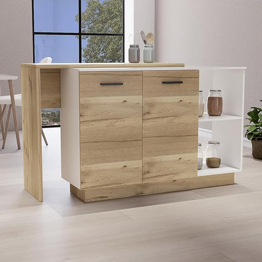 GOWE Kitchen Island, Double Door Cabinets, Two External Shelves, Three Shelves, White/Light Oak