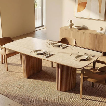 79'' Sintered Stone Dining Table for 8-10 People, Modern Rectangular Kitchen Table with Solid Wood Pedestal, Luxury Mid-Century Dining Room Table for Home Living Room