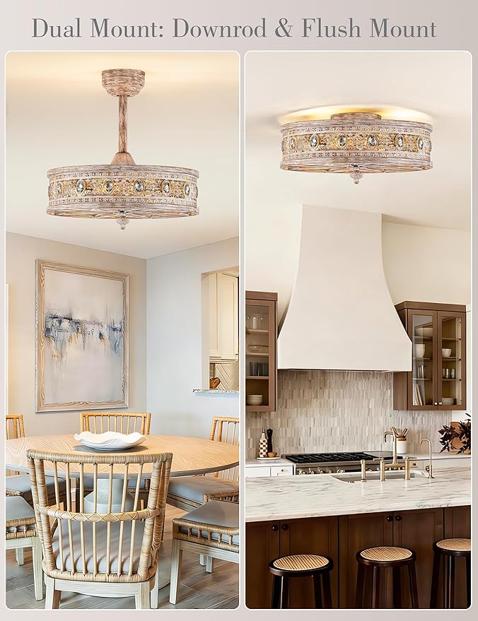 Farmhouse Chandelier Ceiling Fan with Light,Rustic Distressed Wood-Look Caged Bladeless Fandelier,Country Cottage Crystal Drum Light Fixture,Hanging/Flush Mount for Bedroom,Dining Room,Kitchen Island