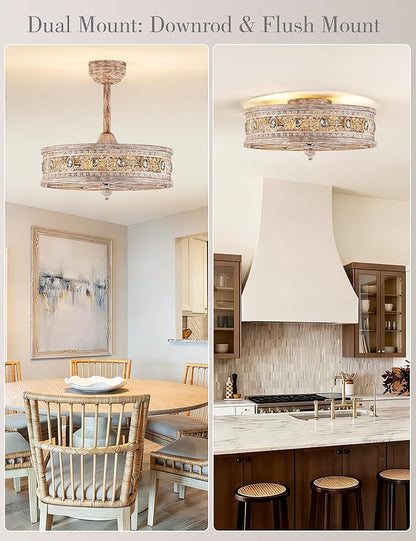 Farmhouse Chandelier Ceiling Fan with Light,Rustic Distressed Wood-Look Caged Bladeless Fandelier,Country Cottage Crystal Drum Light Fixture,Hanging/Flush Mount for Bedroom,Dining Room,Kitchen Island