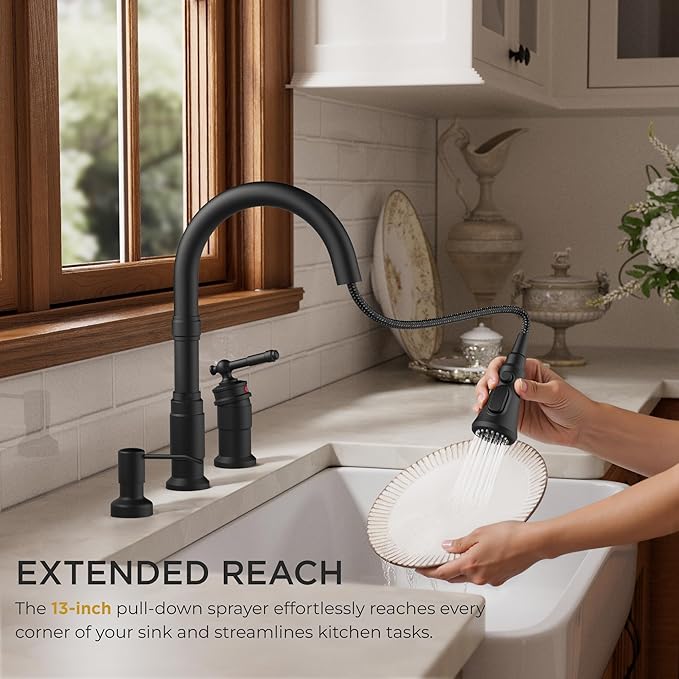 FORIOUS 3 Hole Black Kitchen Faucet with Soap Dispenser, Stainless Steel Vintage Pull Down Sprayer Kitchen Sink Faucet with Single Seperate Handle, Suitable for Farmhouse Outdoor Camper Rv Bar