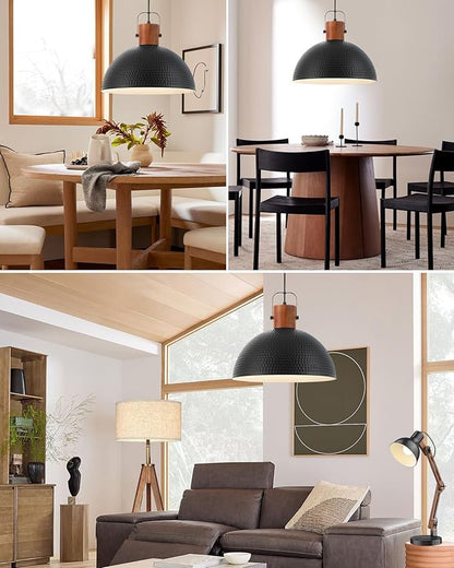 ELYONA 2 Pack Large Ash Wood Hammered Pendant Light Fixtures 16 Inch Metal Dome Ceiling Hanging Lamp, Industrial Kitchen Island Pendant Lighting for Farmhouse, Dining Room,Living Room, Black