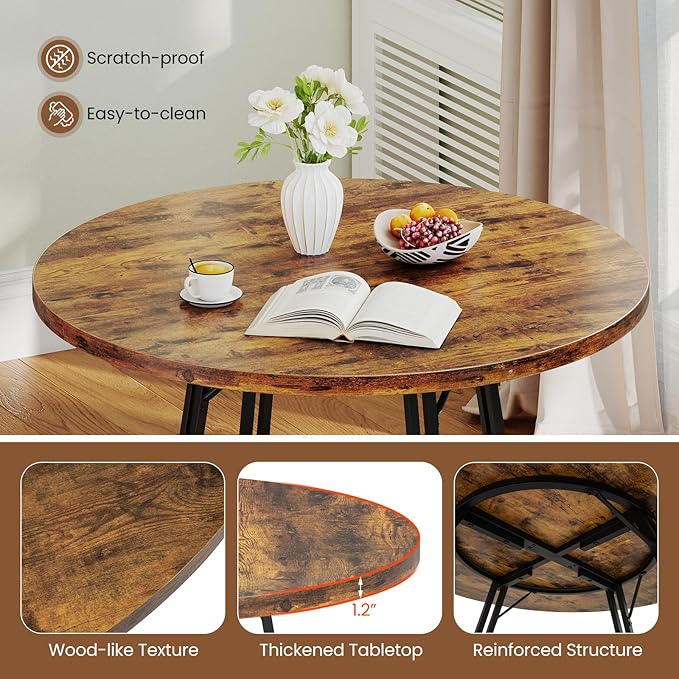 Giantex 47-inches Round Dining Table for 4-6 People, Kitchen Table with Metal Supporting Legs & Cross Base, Circle Dinner Tables for Dinette, Restaurant, Living Room, Dining Room, Rustic Brown