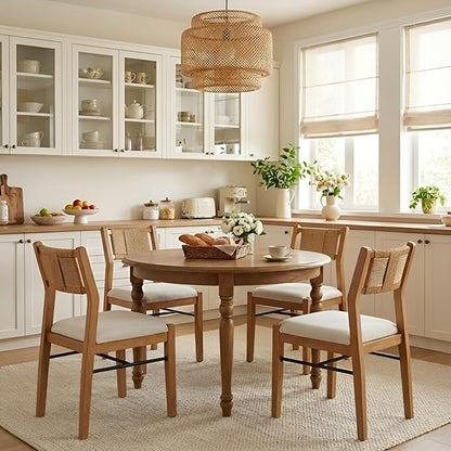 RIVOVA Farmhouse Woven Dining Chairs Set of 4 with Weave Paper Rope Back, Beige Linen Upholstered Kitchen & Dining Room Chairs with Natural Wood Legs, Mid-Century Armless Kitchen Side Chair