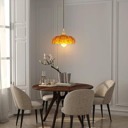 Pendant Light Fixture, Hanging Light Fixture, Glass Shade Pendant Light with Rotary Switch, Modern Lamp for Kitchen Island, Bedroom, Dining Room, Living Room (Orange Lotus, Hard-Wired)