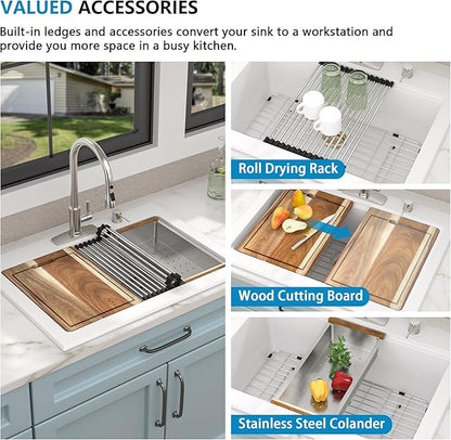 30 Granite Composite Kitchen Sink - Fulorni 30"x22" Granite Kitchen Sink Ledge Workstation Drop In Topmount White Quartz Classic Above Counter Single Bowl Basin