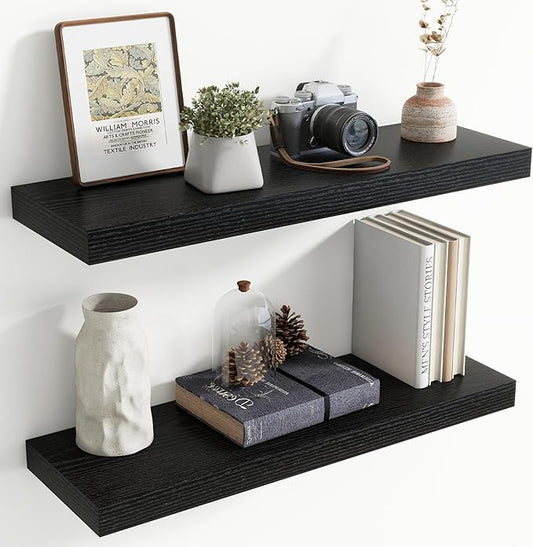 30 Inch Floating Shelves for Wall, 8 Inch Deep Floating Shelf for Storage & Display, Rustic Wall Mounted Shelf with Invisible Brackets for Living Room, Kitchen, Bathroom, Home Decor, Set of 2, Black