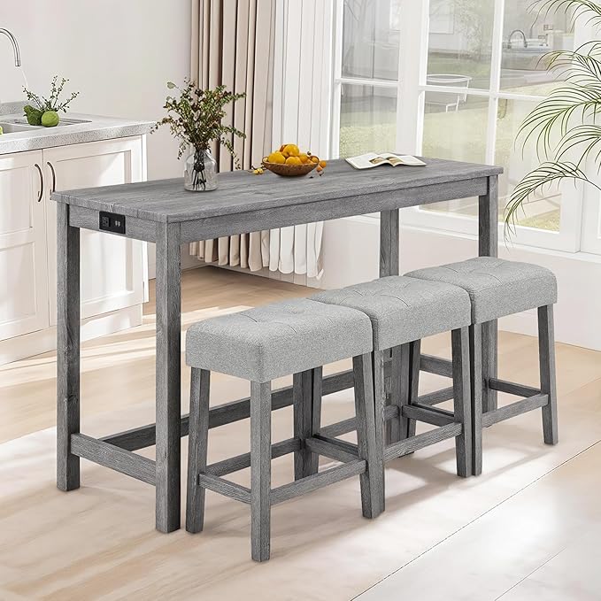 LKTART 4 Piece Bar Table Set Dining Bar Table and Chairs Set with Power Outlet Industrial Breakfast Table with 3 Padded Stools Rustic Bar Kitchen Dinning Room Living Room Grey