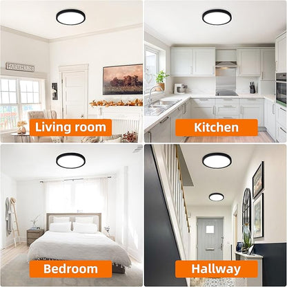 Hlite 12 Inch Flush Mount LED Ceiling Light with Night Light, 24W, 2400lm, Selectable 3000K/4000K/5000K, Flat Lights for Bedroom, Kitchen, Black(1Pack)