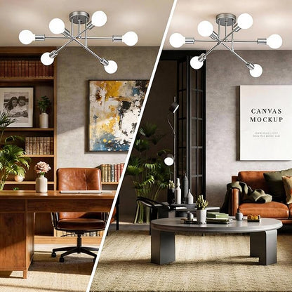 Modern Sputnik Chandelier Ceiling Light Fixtures, 6-Lights 22” Mid Century Industrial Metal Semi Flush Mount for Dining Room, Bedroom, Living Room-Glossy Silver