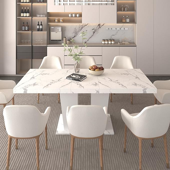 63" - 79" Extendable Dining Room Table, Expandable Kitchen Table for 6 to 10 People, Modern Wood Conference Table, Large Dining Table(Faux White Marble, Pedestal Base B)