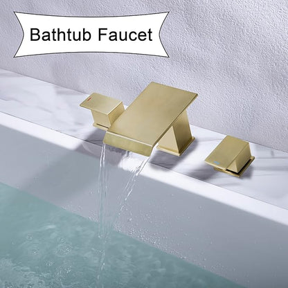 Roman Tub Faucet Brushed Gold Deck Mount Waterfall Bathtub Faucet 2 Handles High Flow Bath Tub Faucet Set