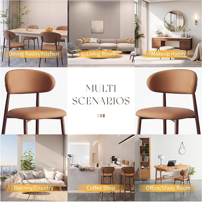 Kitchen Dining Chairs Set of 4 Modern Upholstered Leather Farmhouse Dining Room Chair with Metal Legs, Brown/Walnut