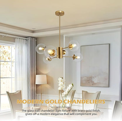 Bagood 6-Light Globe Sputnik Chandelier Modern Gold Sputnik Chandelier Mid Century Pendant Light Brushed Brass Finished with Clear Globe Glass Lampshade Chandeliers for Dining Room Kitchen