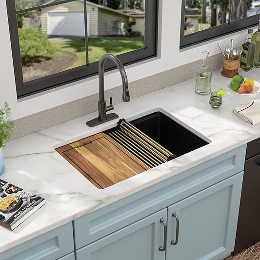 28 Granite Composite Kitchen Sink - Fulorni 28"x19" Granite Kitchen Sink Black Undermount Ledge Workstation Quartz Classic Matte Black Luxury Under Counter Single Bowl Basin