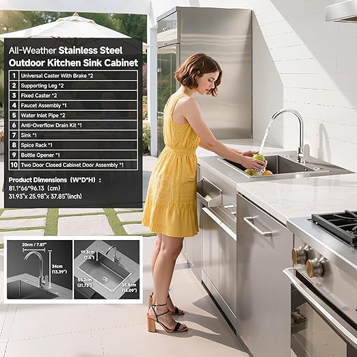 BODEGA Stainless Steel Commercial Restaurant Sinks Cabinet and Outdoor Kitchen Cabinet for Refrigerator Combo, Freestanding Utility Sink with Brake-Wheels & Spice-Rack, for Home, Kitchen, RV.