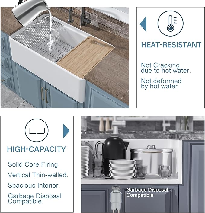White Farmhouse Workstation Sink 33 x 20 Inch, Firecaly Apron Front Undermount Farm Sink, Single Bowl, w Accessories 4 Types, Reversible (Sleek & Fluted Optional), Pure White, for Kitchen