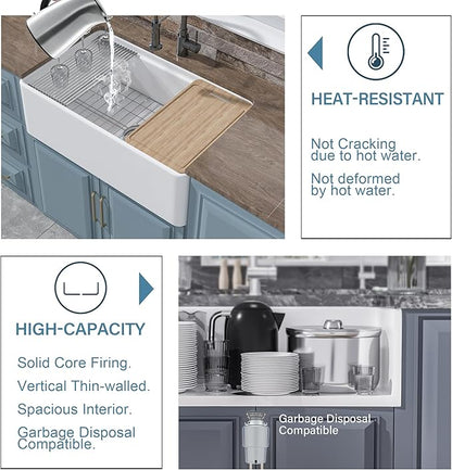 White Farmhouse Workstation Sink 33 x 20 Inch, Firecaly Apron Front Undermount Farm Sink, Single Bowl, w Accessories 4 Types, Reversible (Sleek & Fluted Optional), Pure White, for Kitchen