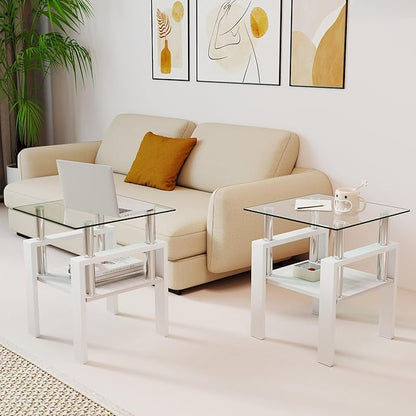 Set of 2 Glass End Table, 2-Layer Glass Living Room Table, Modern Tea Table Side Tables for Home Office Furniture